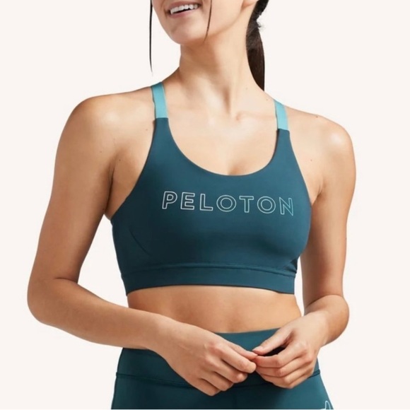 NWT Peloton Blue Colorblock Mesh Crisscross Back Logo Sports Bra Size Small - Picture 1 of 7